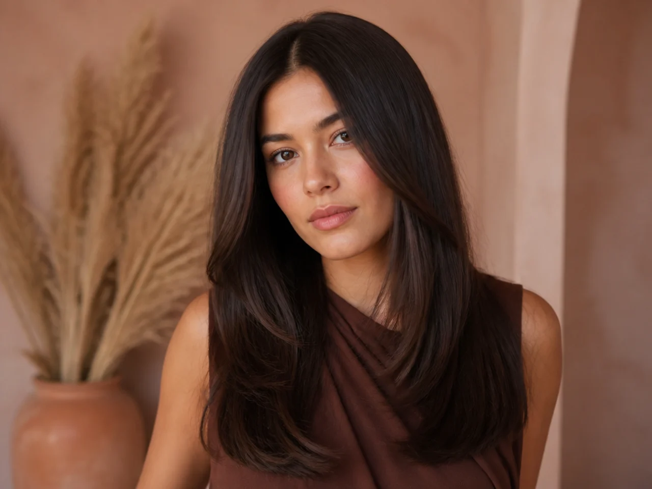 Straight centre parting with long layered hair falling evenly either side of the face