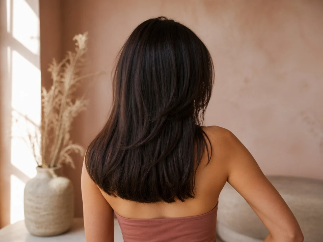 Rear view of hair cut in a straight horizontal line with soft layers above