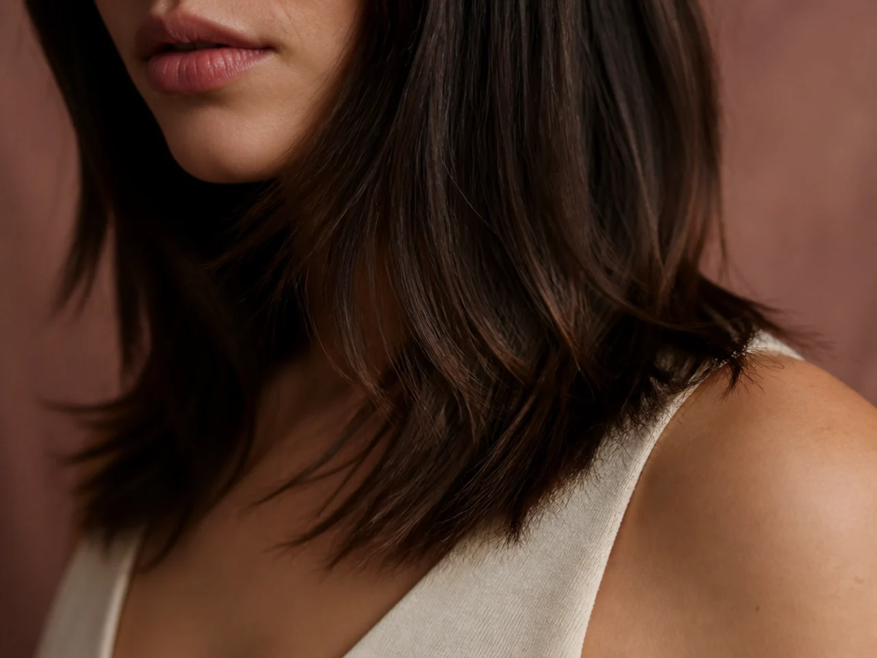Close view of softly notched hair ends with a broken uneven edge