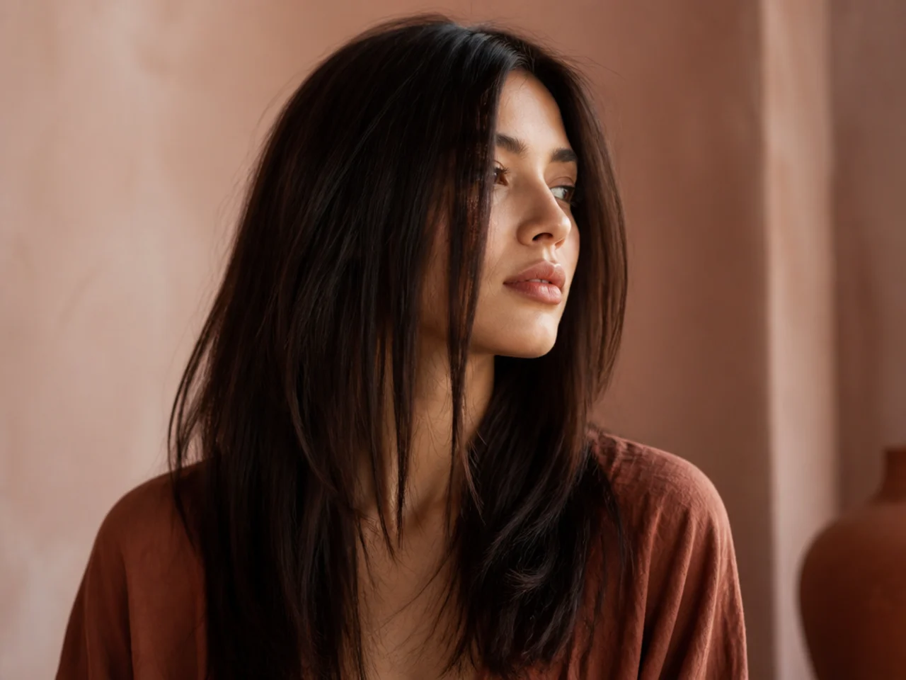 Long hair with the front sections falling straight past the jawline