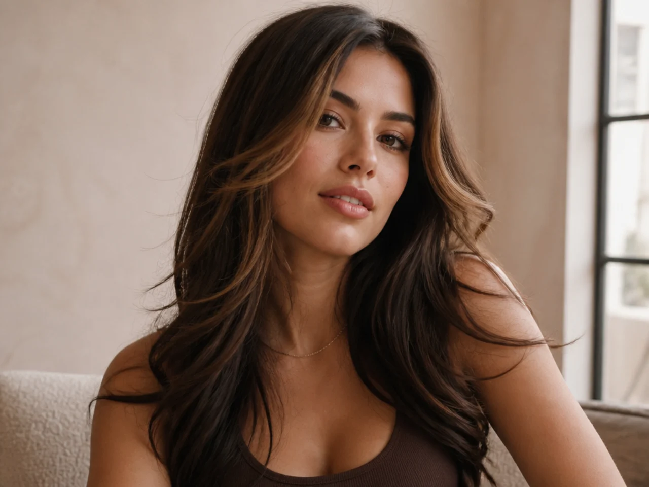 Brunette layered hair with the two front sections lightened a couple of shades