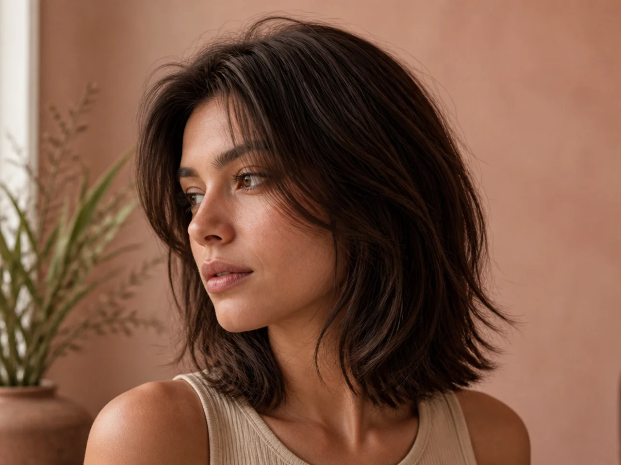 Layered hair ending at the collarbone with a textured crown and no fringe