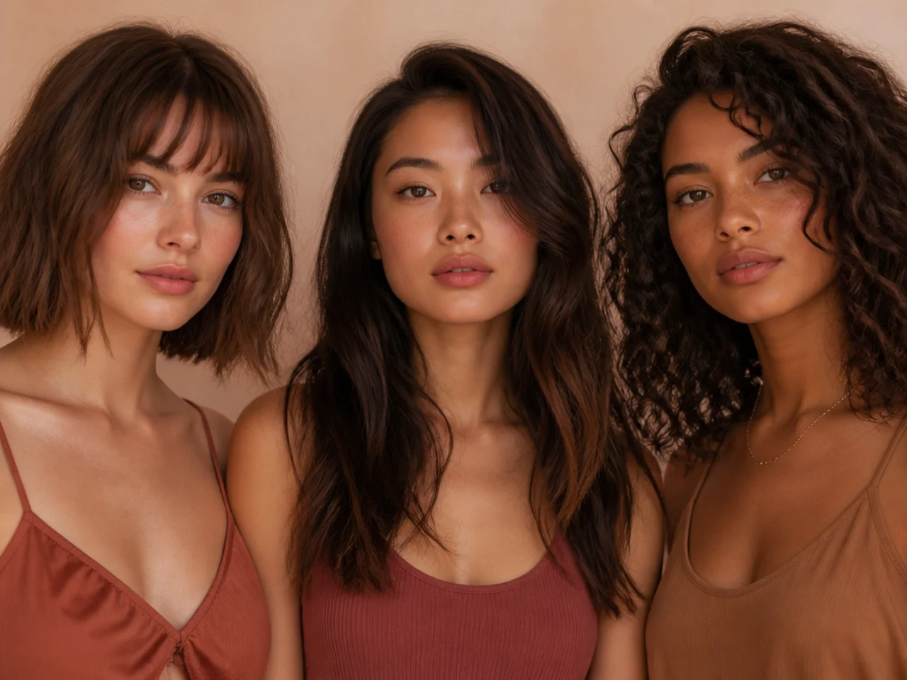 Three women photographed side on with framing pieces starting at chin, jaw and collarbone
