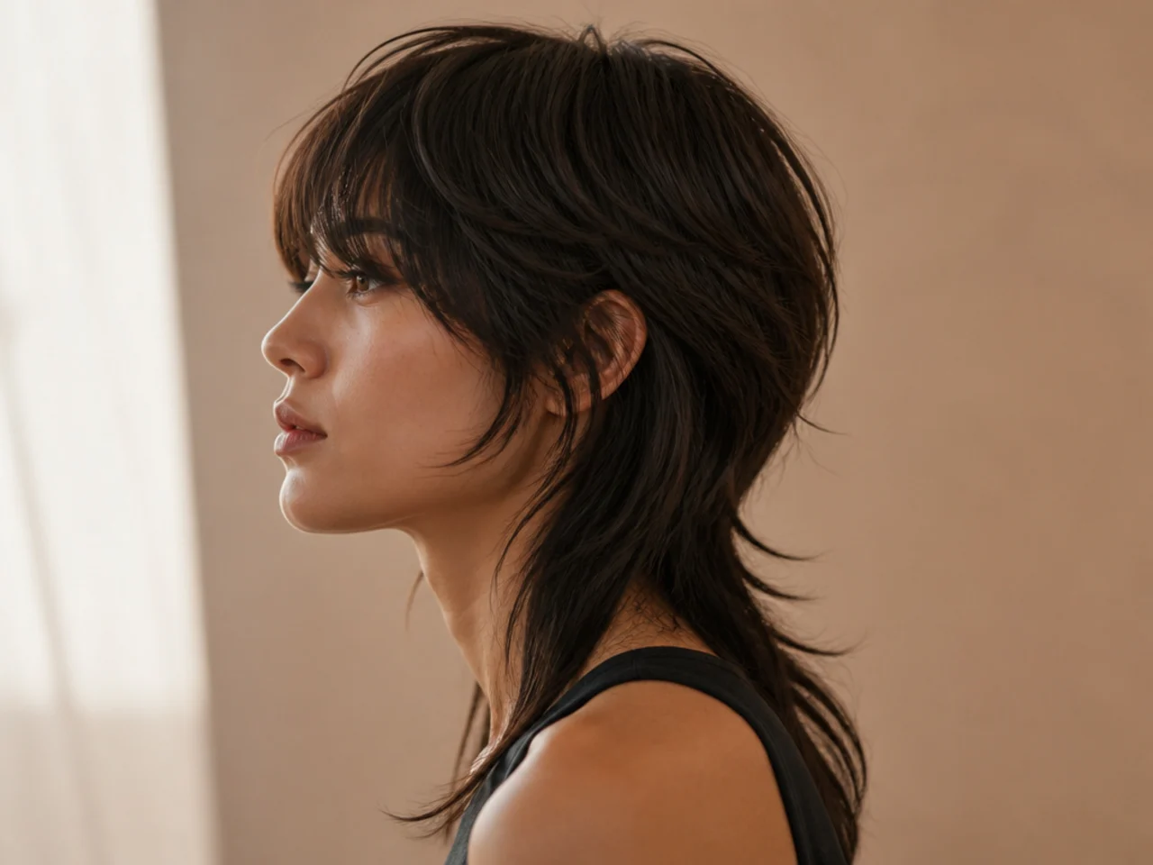Side profile showing short crown layers resting on top of longer lengths underneath