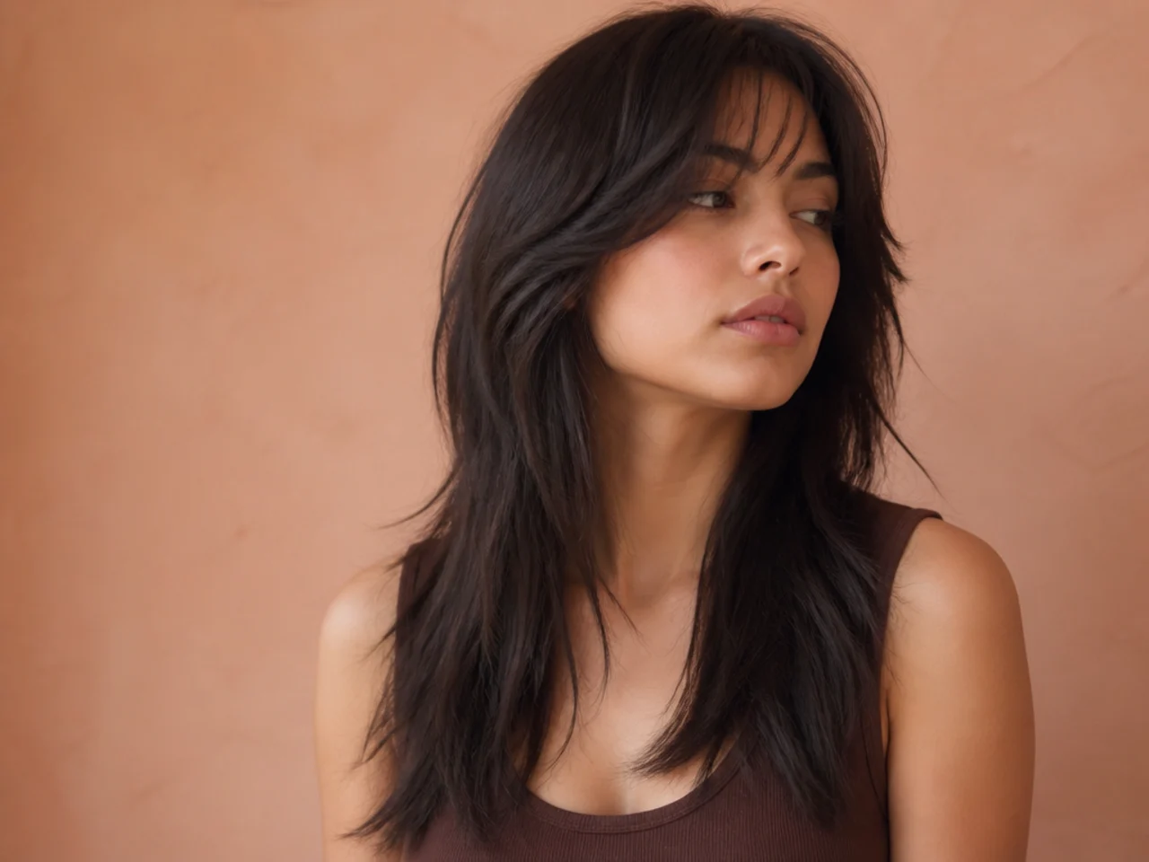 Fine long hair in a lightly layered wolf cut with a solid blunt edge