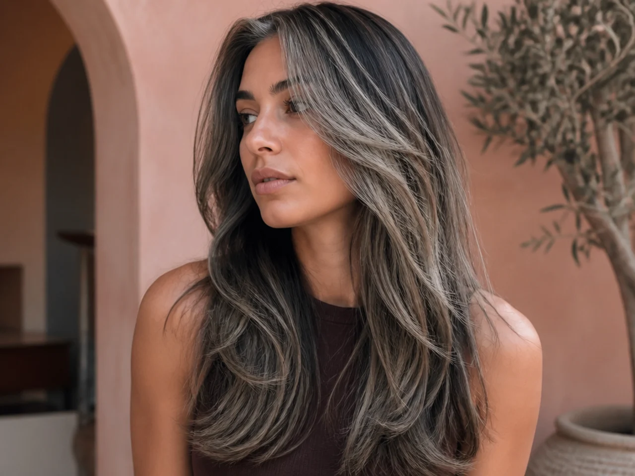 Long layered hair with soft light pieces blending grey through the top sections