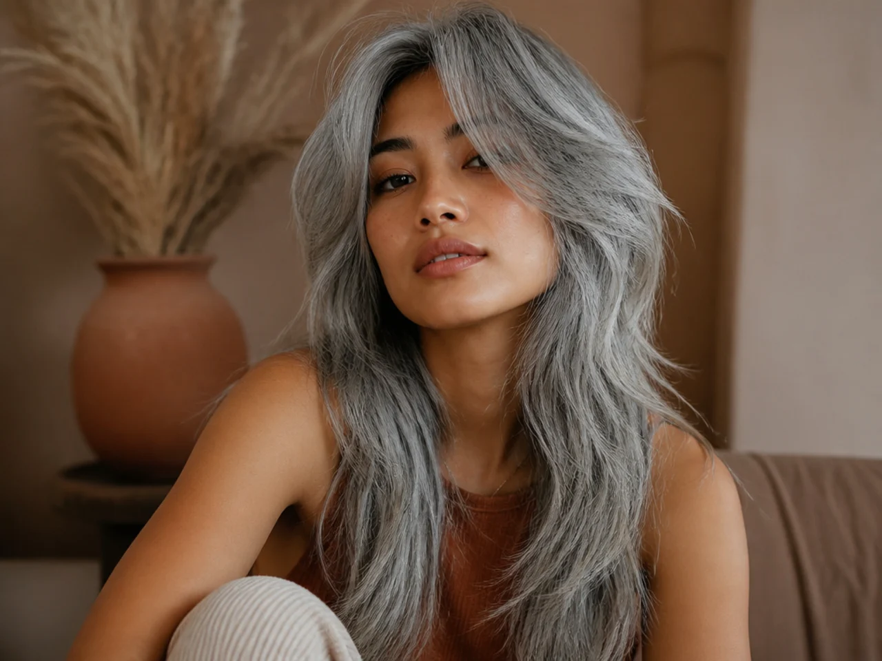 Natural silver grey long hair in a layered wolf cut with crown volume