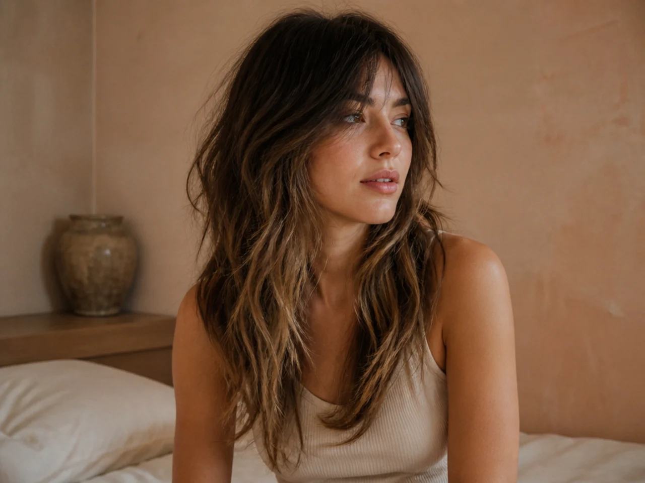 A long wolf cut with deliberately darker roots melting into lighter lengths