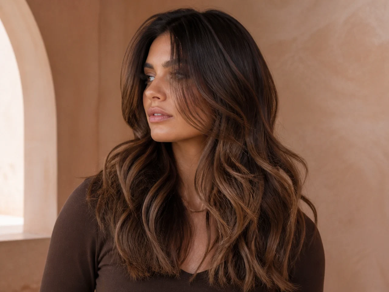 Long layered hair with painted balayage brightening the surface of each layer