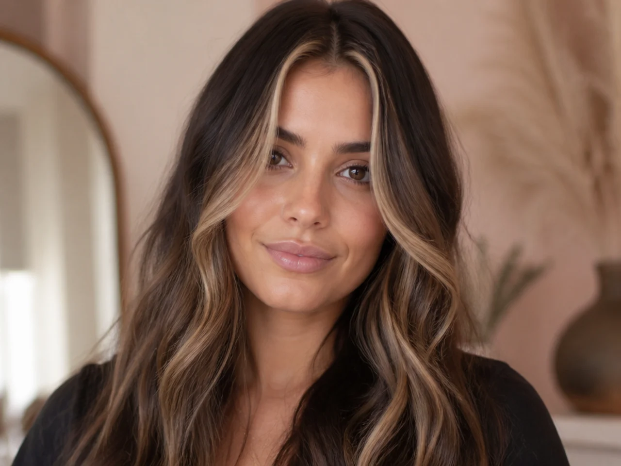 Bright lightened front panels either side of a centre part on long layered hair