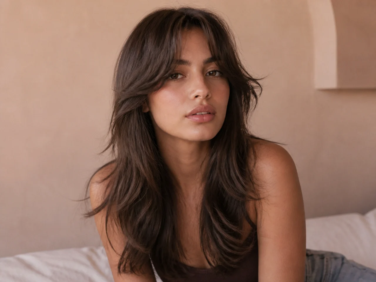 A long wolf cut with centre parted curtain bangs framing the face