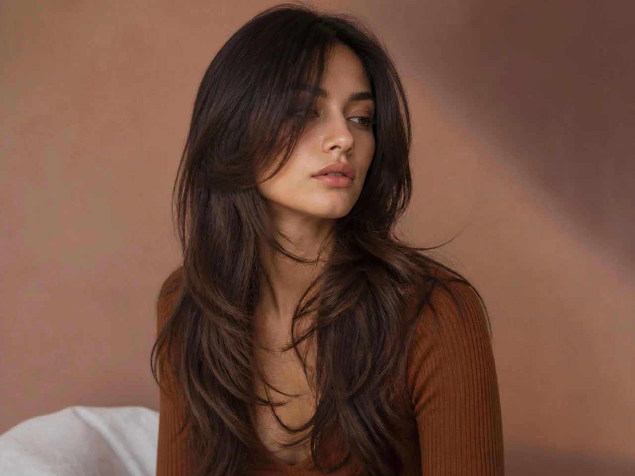 Long hair layered from the jaw down with a dense unlayered crown
