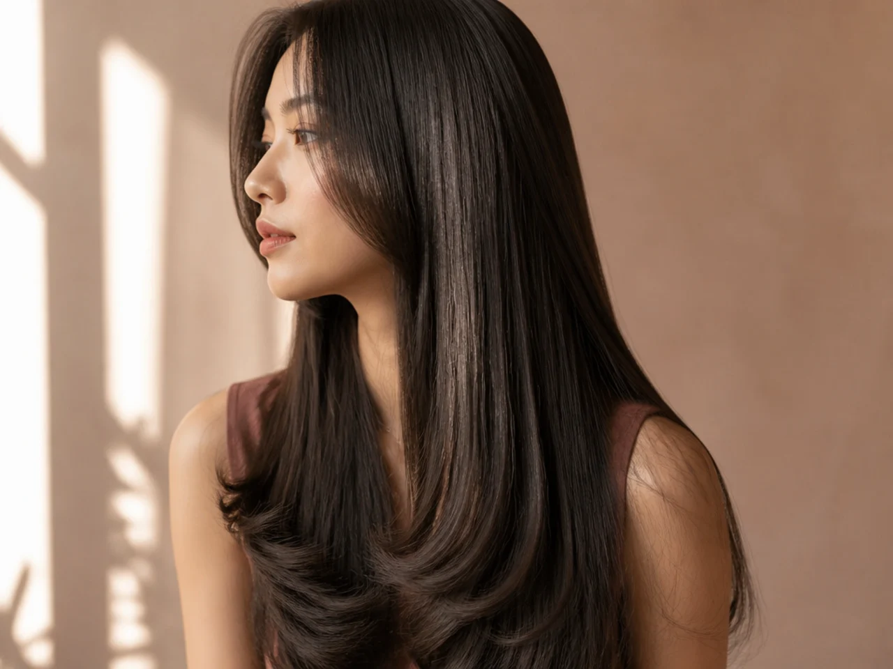 Long hair with hidden internal layers and an unbroken smooth outer surface