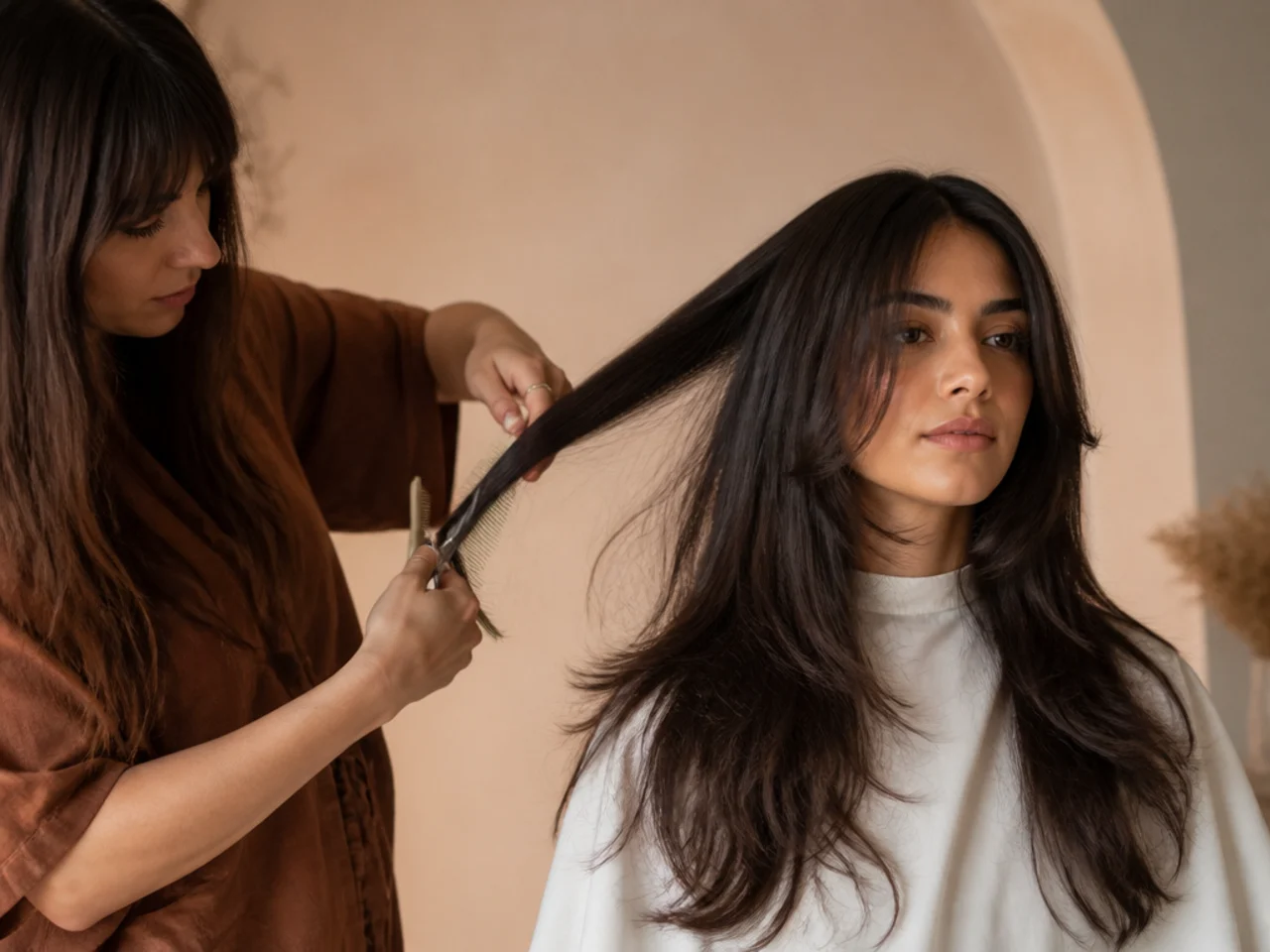 A stylist cutting into dry long hair section by section without wetting it