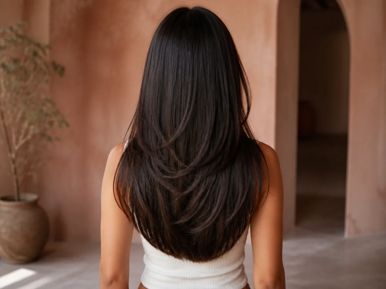 Long layered hair with a hard straight cut edge at the ends, back view