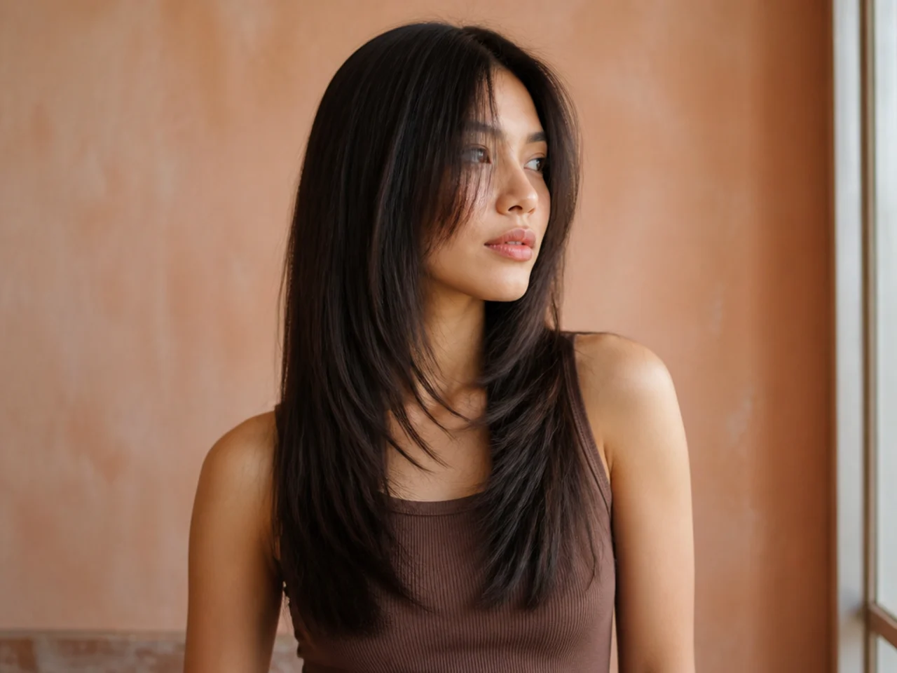 Straight long hair in a wolf cut with clean visible layer lines