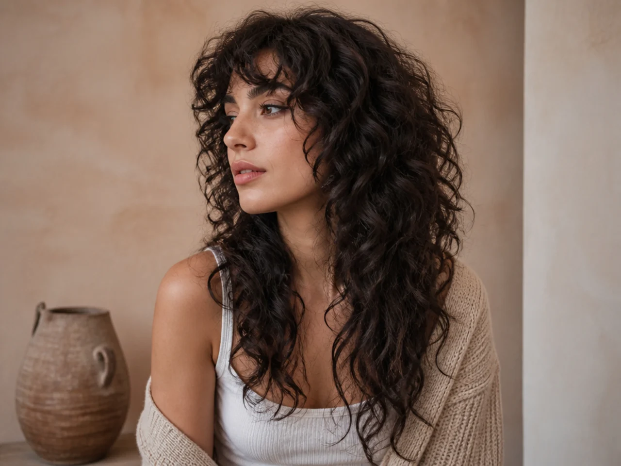 Defined long curls shaped into a wolf cut with volume through the crown