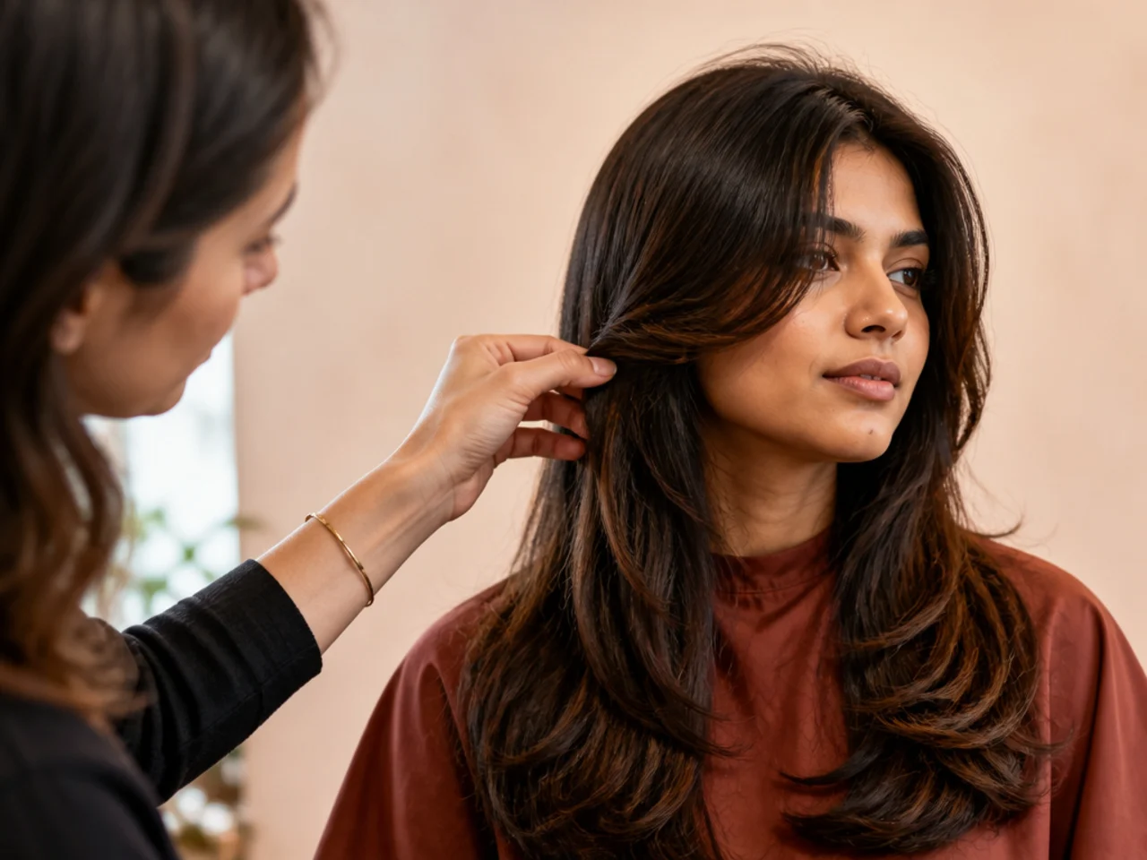 Stylist holding a section of long hair at cheekbone height to set the shortest layer