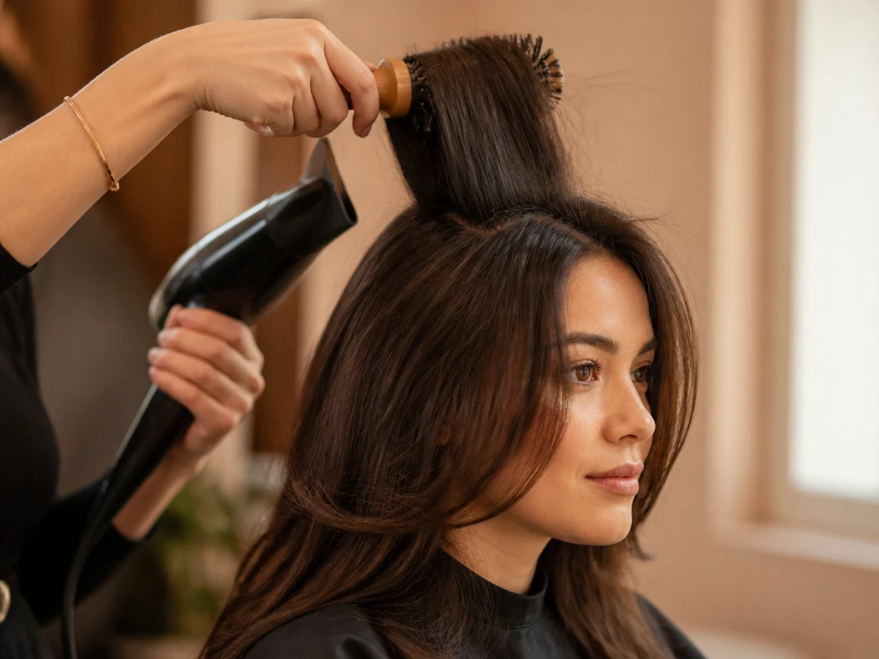 A round brush lifting crown roots away from the scalp during blow drying