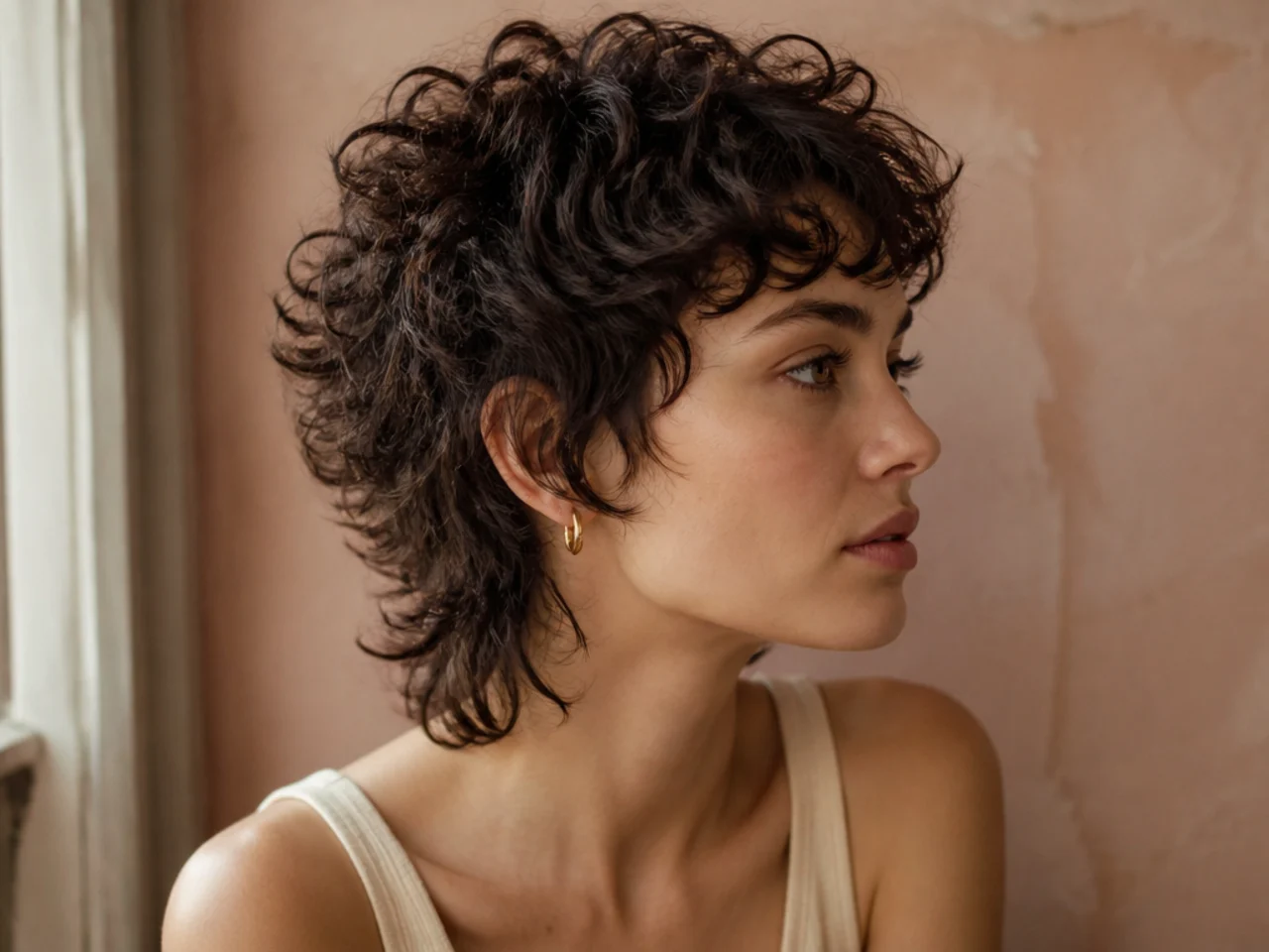 A short curly wolf cut with defined curls filling the crown