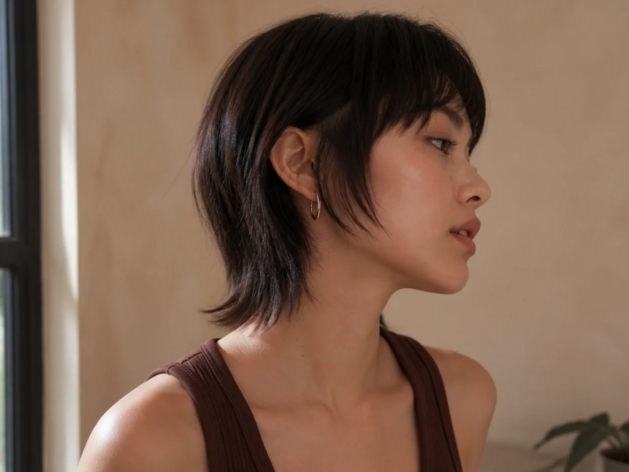 A short straight wolf cut with a clearly visible disconnection