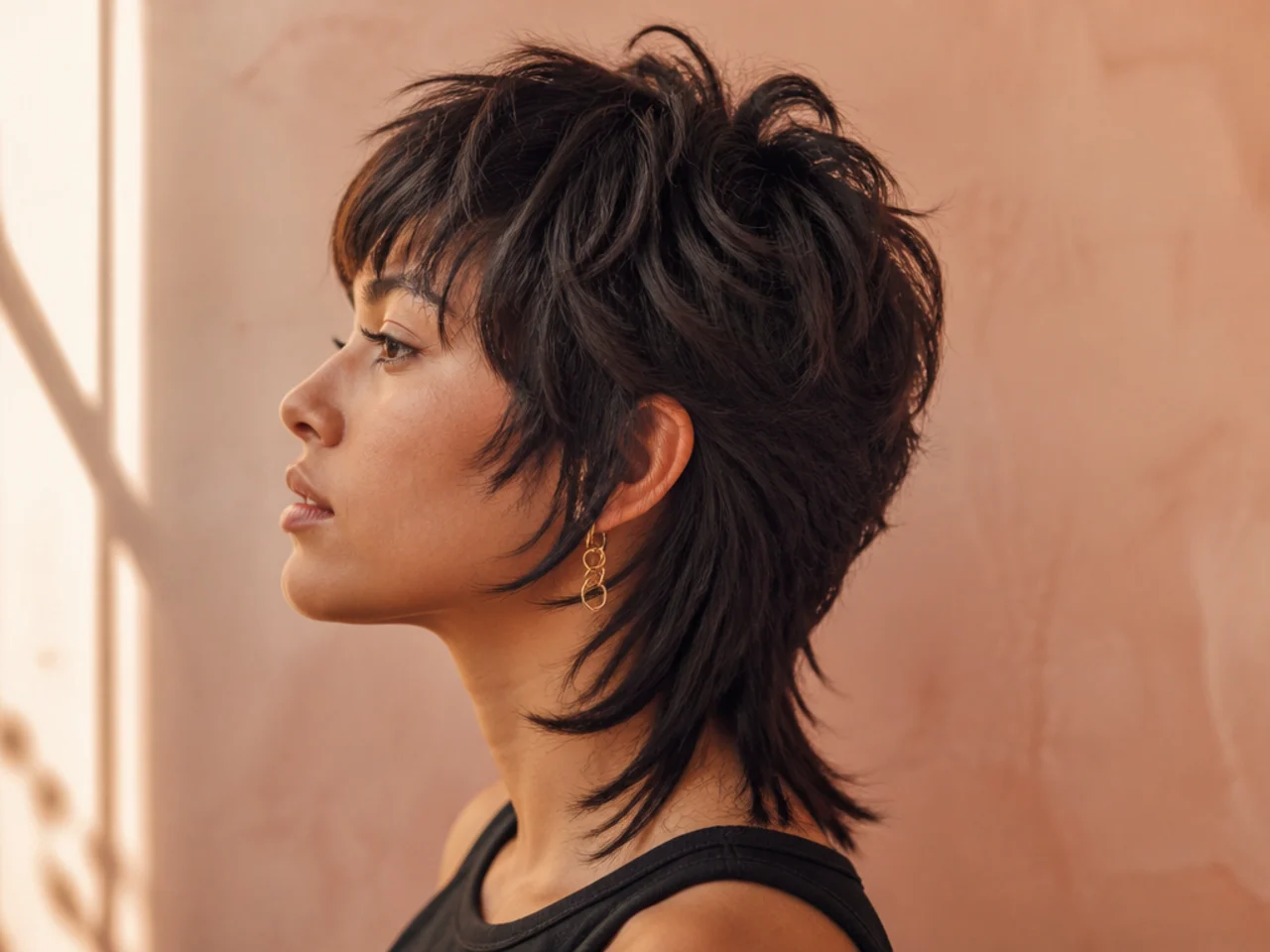 A short wolf cut with the crown cut noticeably higher for contrast