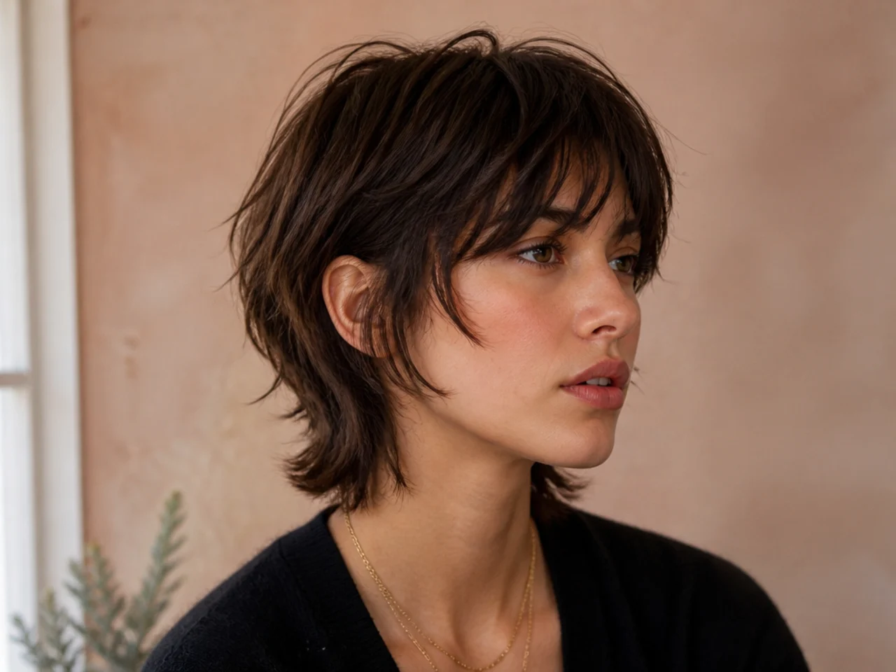 A short wolf cut with shorter pieces framing the cheekbones