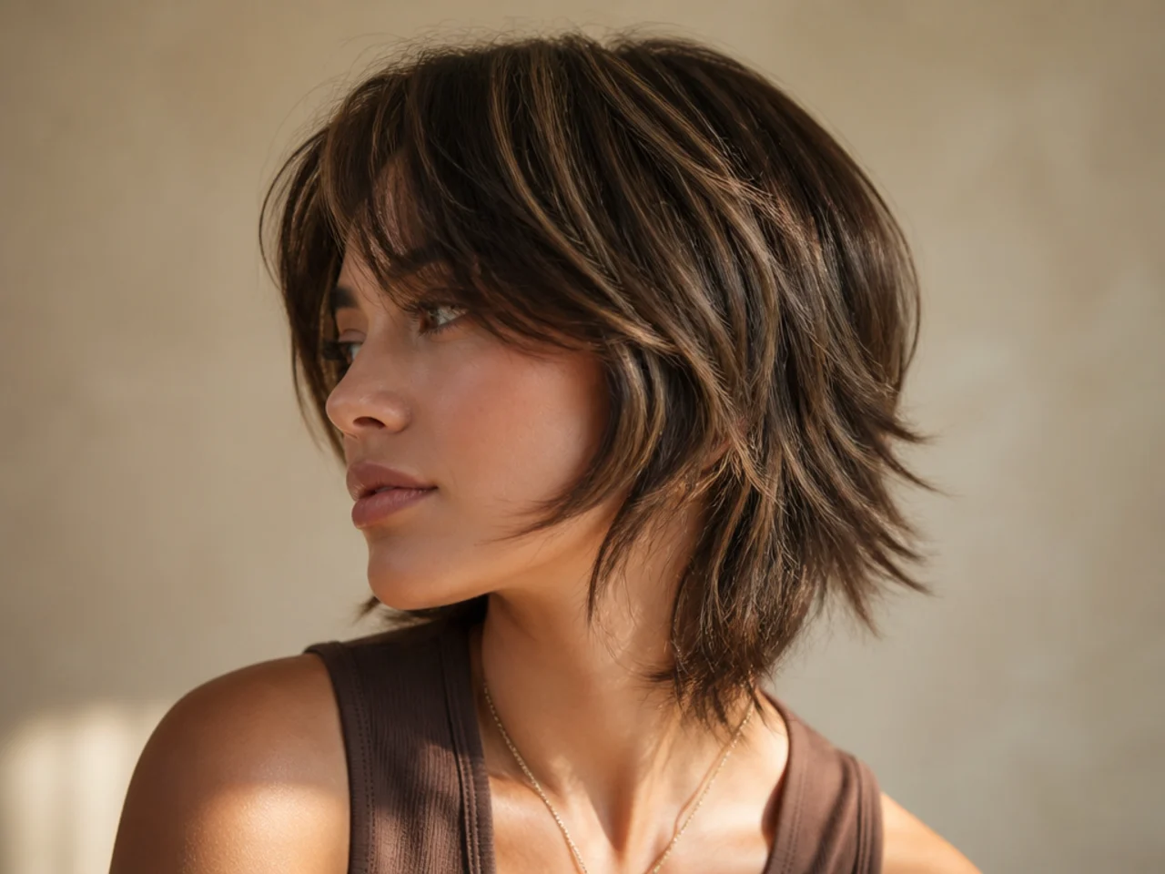 A short wolf cut with fine highlights placed through the crown layers
