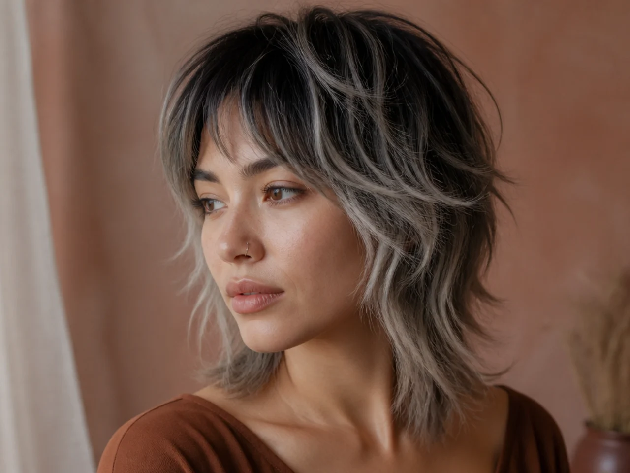 A short wolf cut with grey blended into lightened mid lengths
