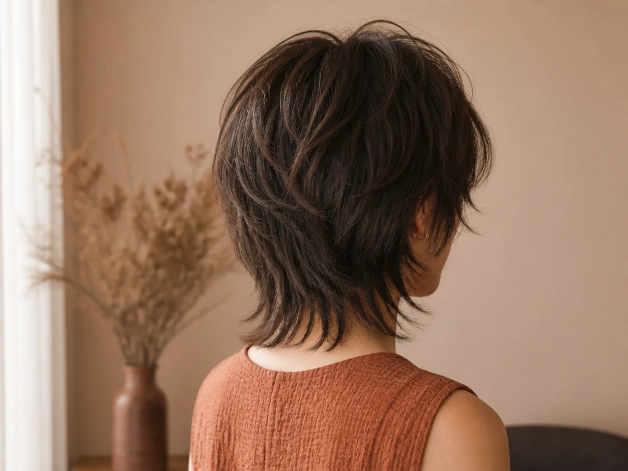 Rear view of a short wolf cut with a softly tapered nape