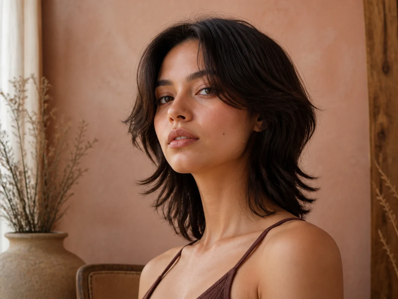 A short wolf cut with centre parted curtain bangs sweeping to the sides