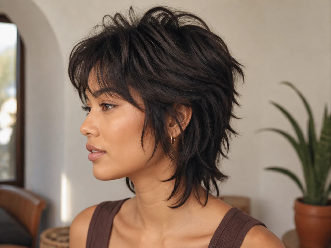 A short wolf cut with visible root lift through the crown