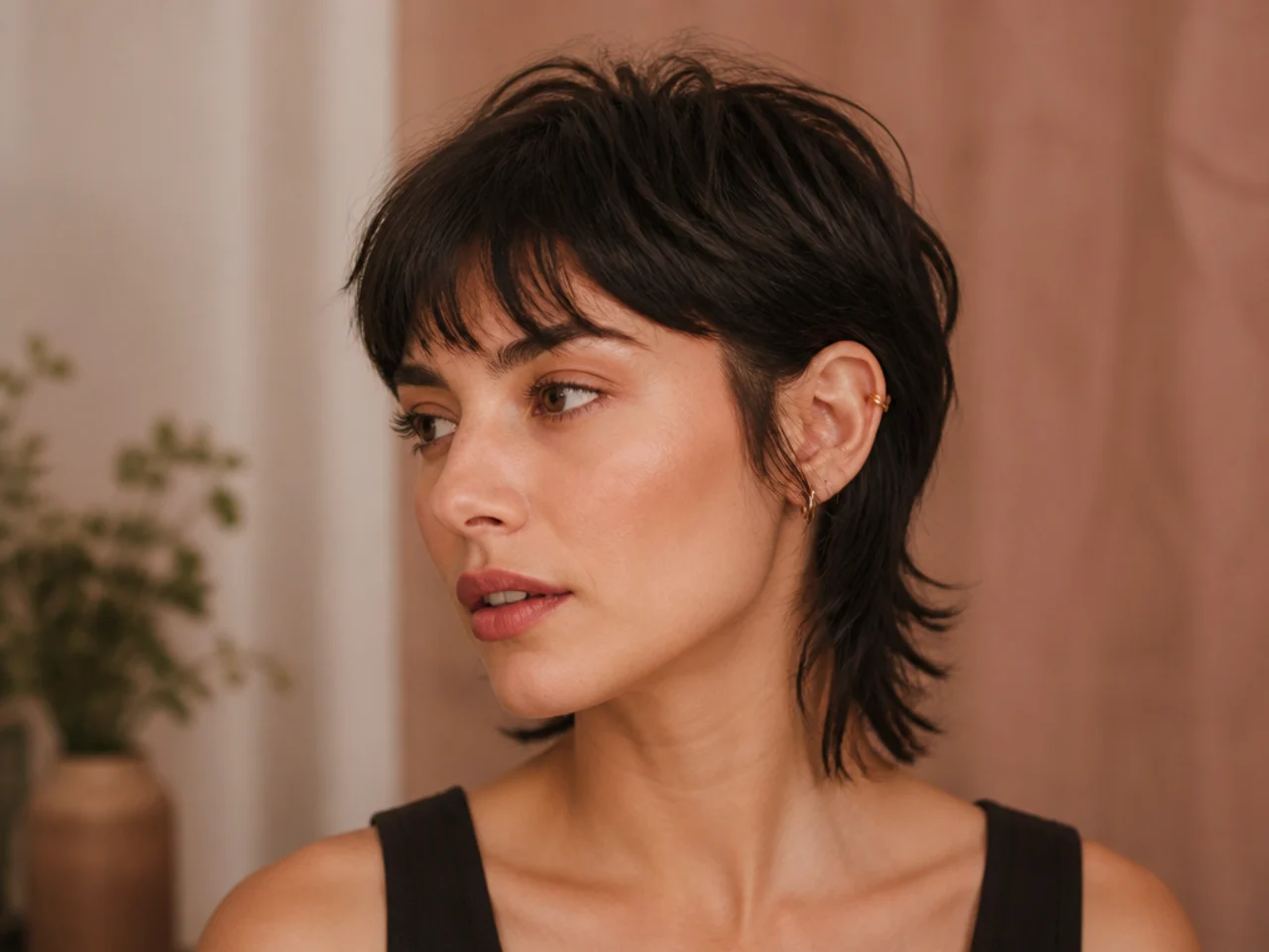 A short wolf cut with the sides tucked behind the ears