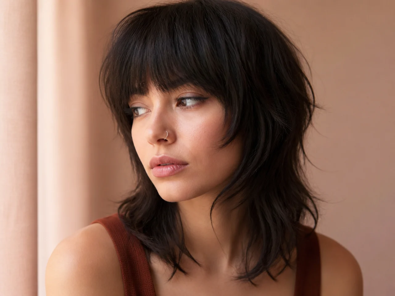 A short wolf cut with a heavy blunt fringe at the brows