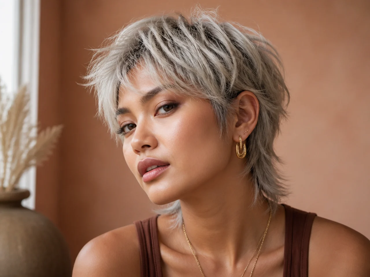 A short silver wolf cut with coarse textured crown layers