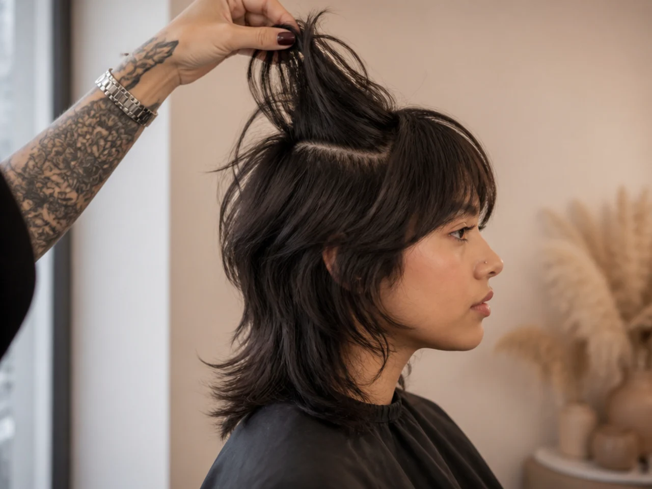 A stylist lifting the crown section of a short wolf cut to show the gap to the length