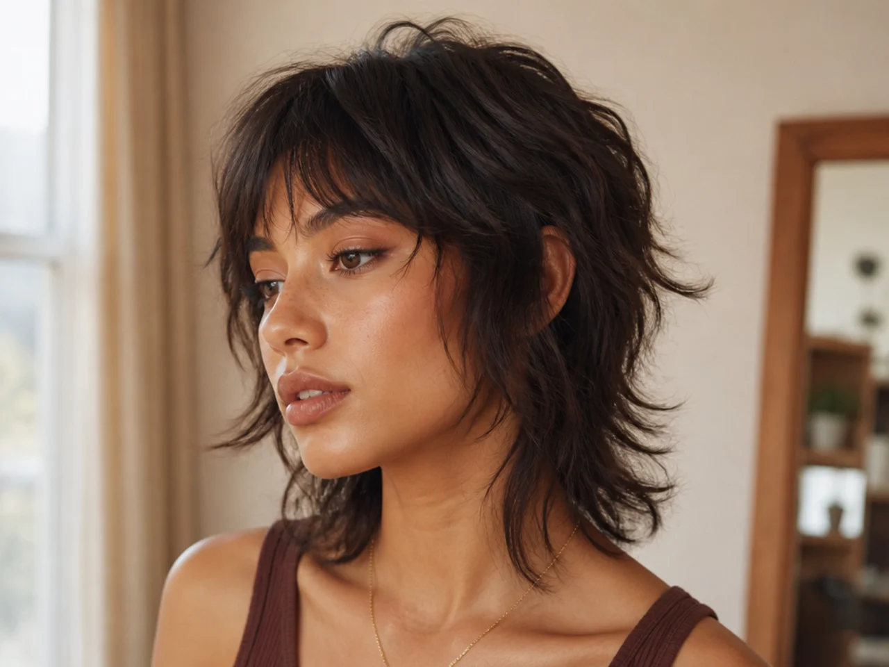 Three quarter view of a finished short wolf cut