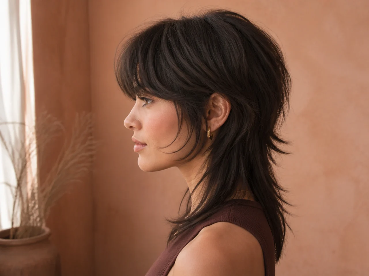 Side view showing the step between a short wolf cut crown and the longer length beneath