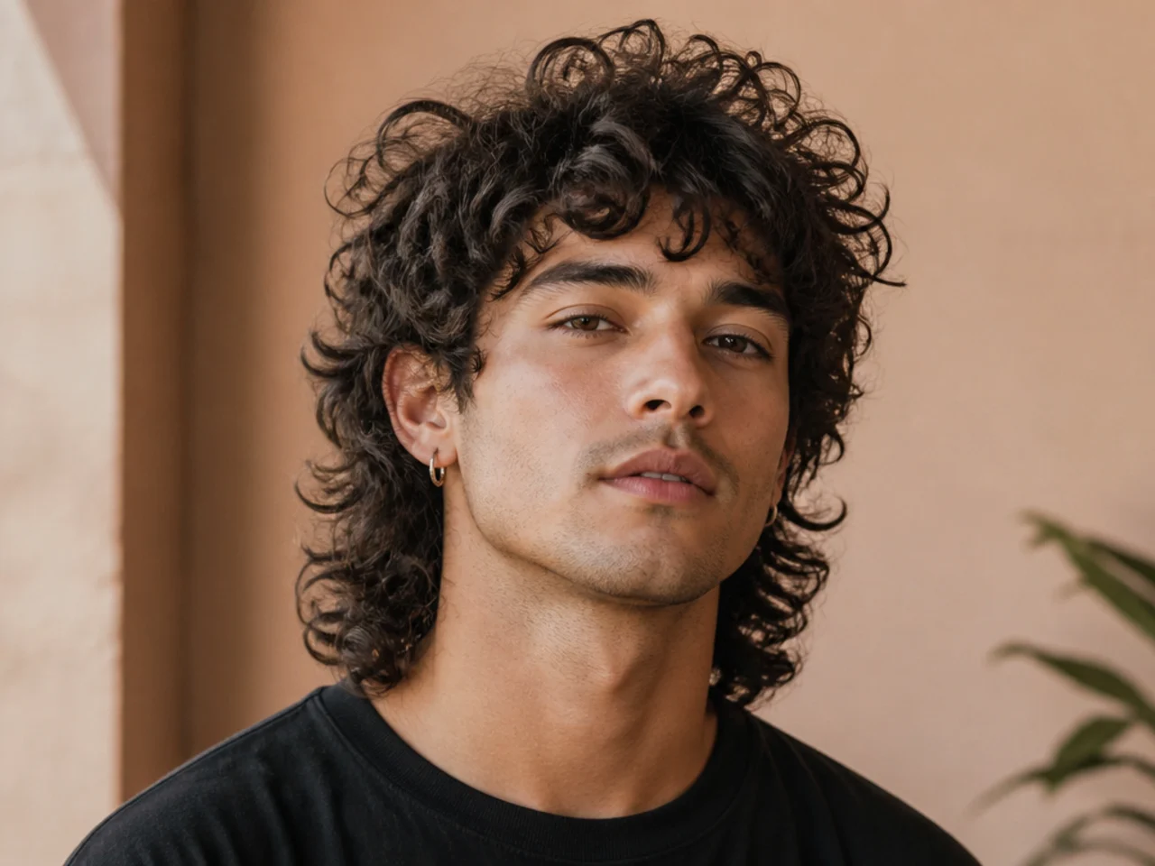 Curly wolf mullet with volumetric spirals stacked around the crown and long feathered back on natural hair