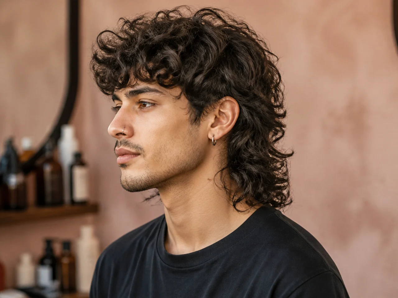 Permed wolf mullet with tight spiral texture bouncing through the crown and back on dark hair