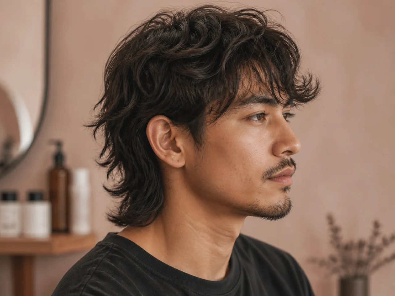 Wavy wolf mullet with natural bend through layered mid-length top and elongated back