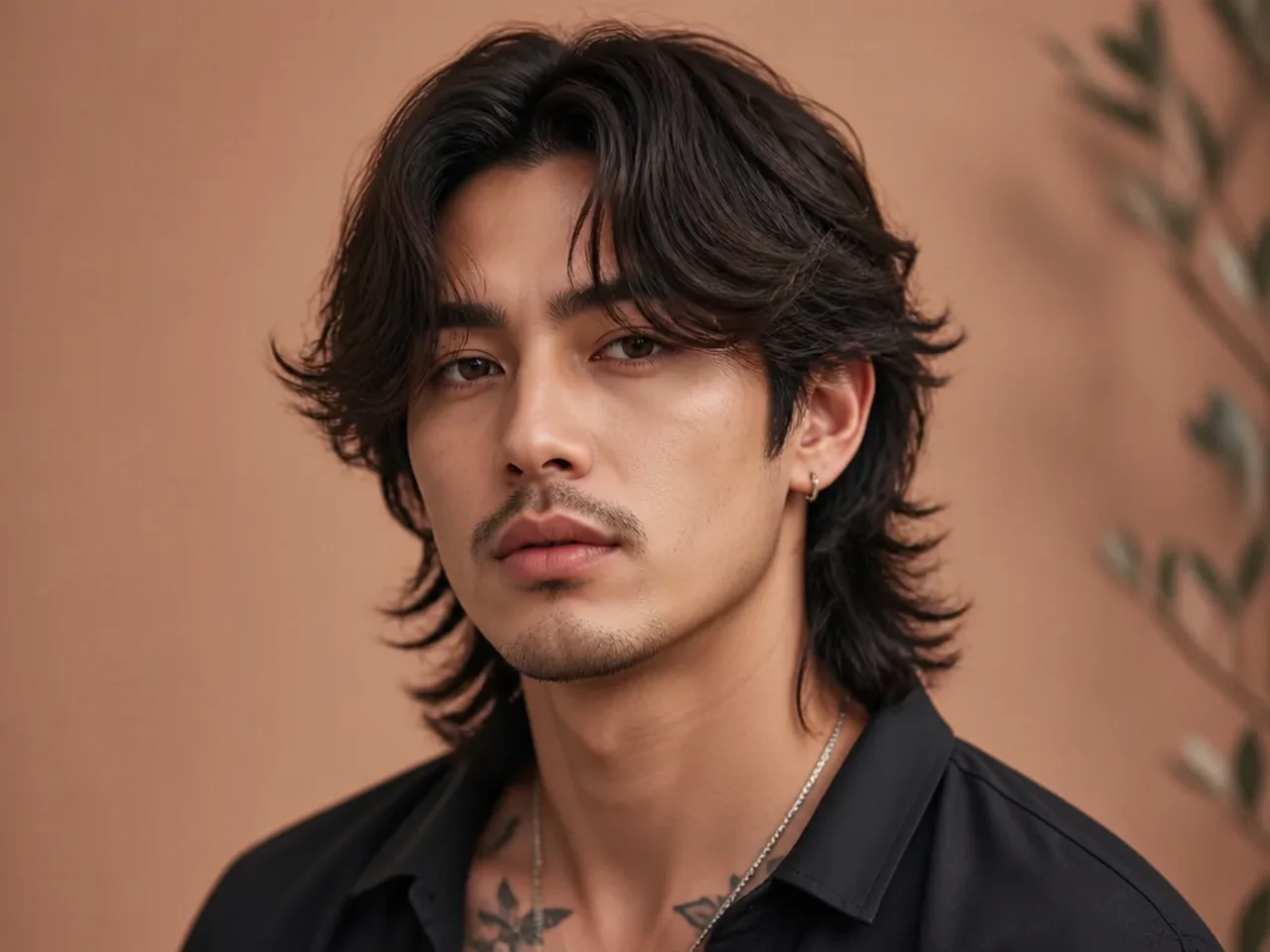 Curtain bang wolf mullet with center-parted bangs falling to the cheekbones and layered mid-length back