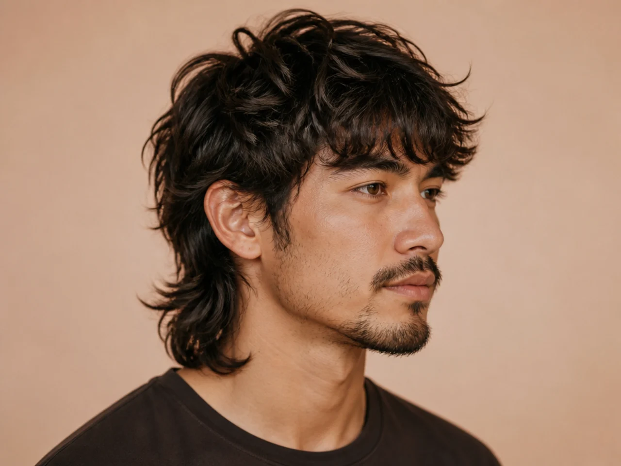 Fringe forward wolf mullet with heavy textured forward fringe to the eyebrows and layered back on straight hair