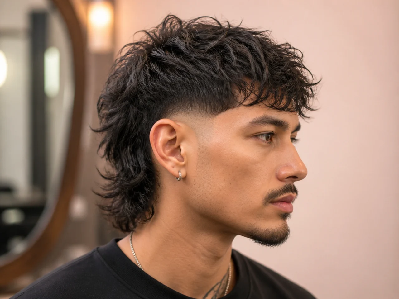 Burst fade wolf mullet with semicircular fade curving around the ear and long layered back on dark hair