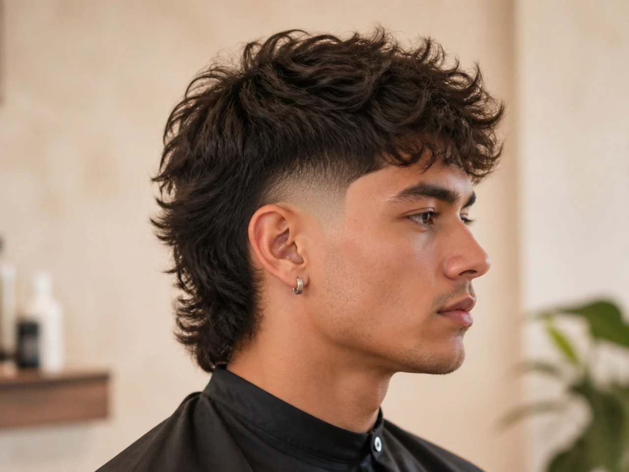 Mid fade wolf mullet with fade climbing to the temple meeting layered crown and long feathered back