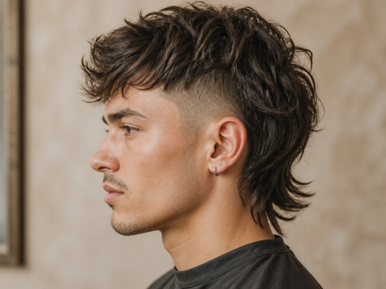 Undercut wolf mullet with disconnected shaved sides and full layered wild top with long back