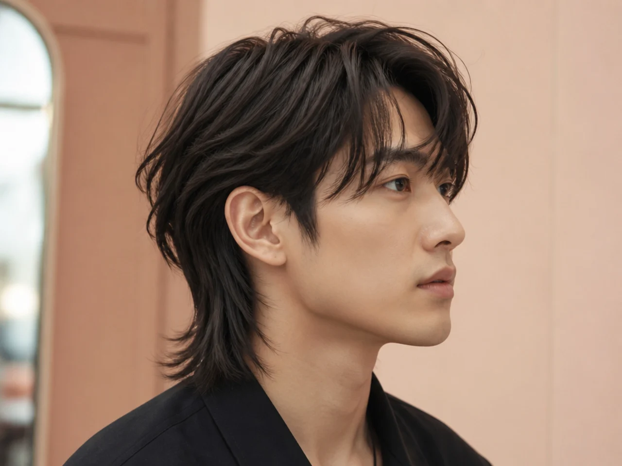Korean wolf mullet on straight black hair with soft curtain bangs and glossy trimmed back