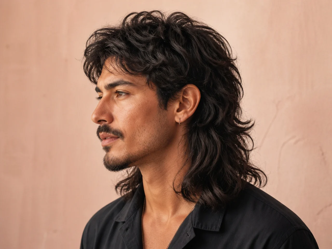 Long wolf mullet with five-inch crown layers and seven-inch back on wavy dark hair