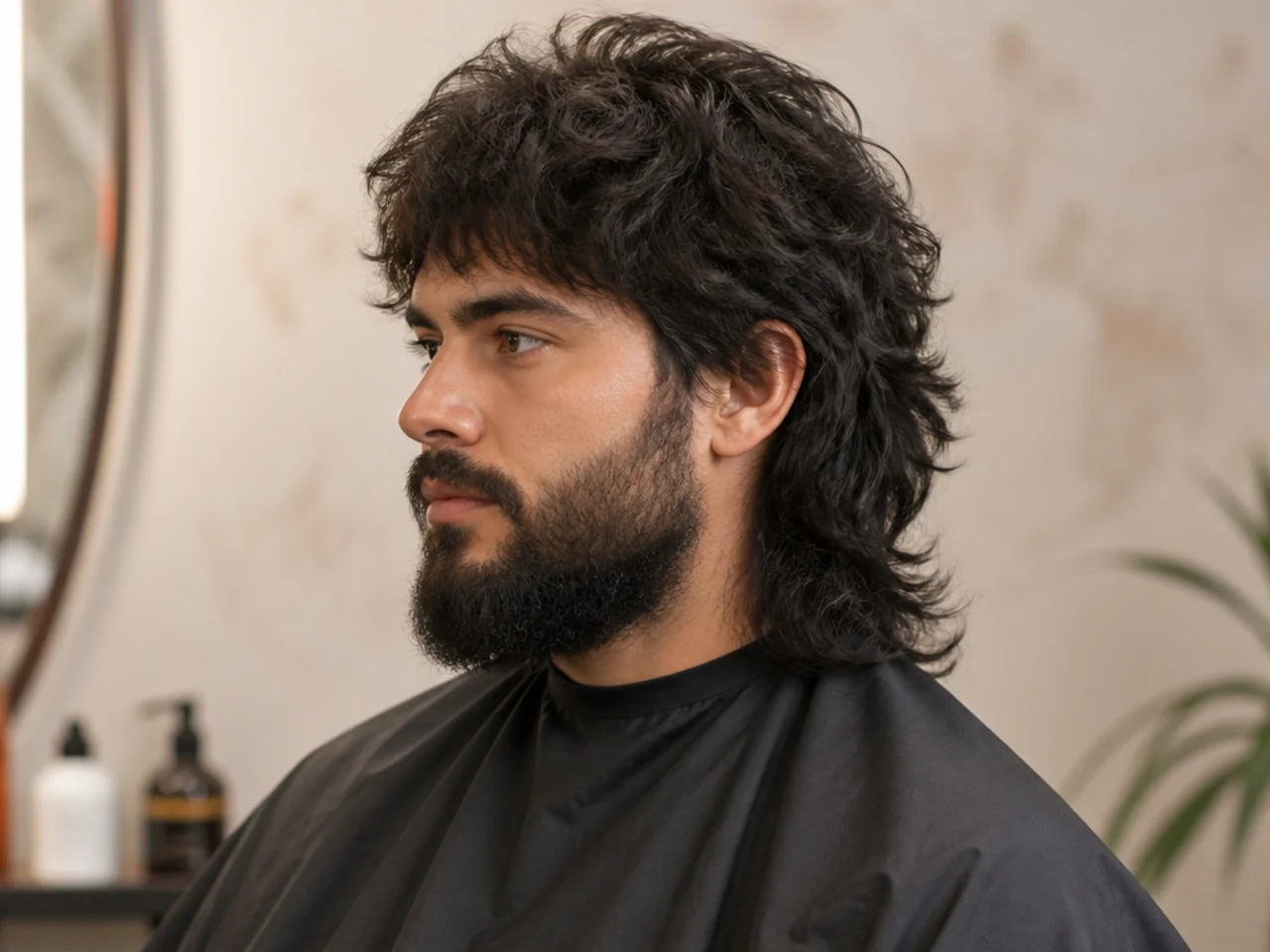 Wolf mullet paired with a full beard blending naturally into tapered sideburns on a mature man