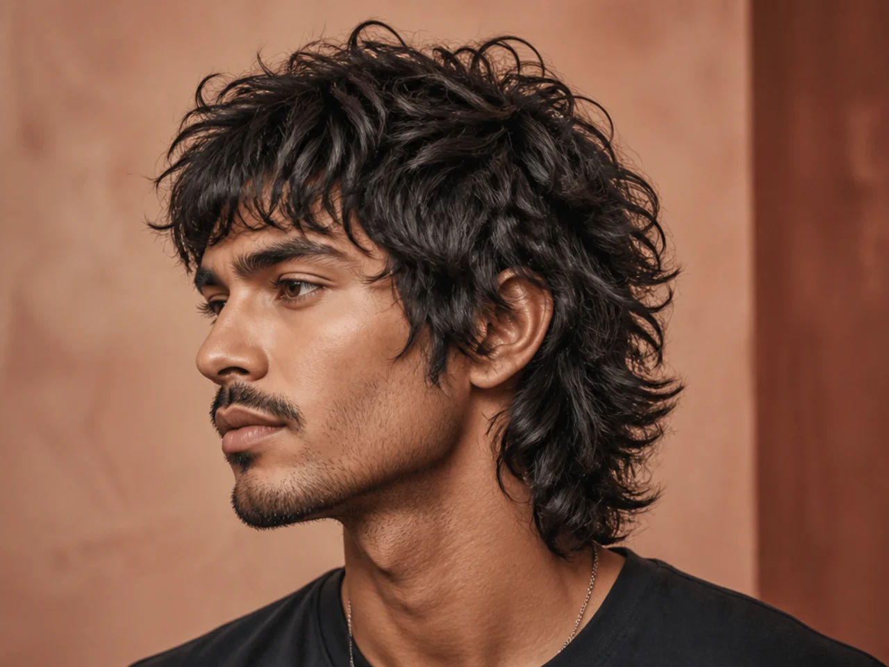 Shag wolf mullet with heavy stacked layers and choppy fringe on light brown wavy hair